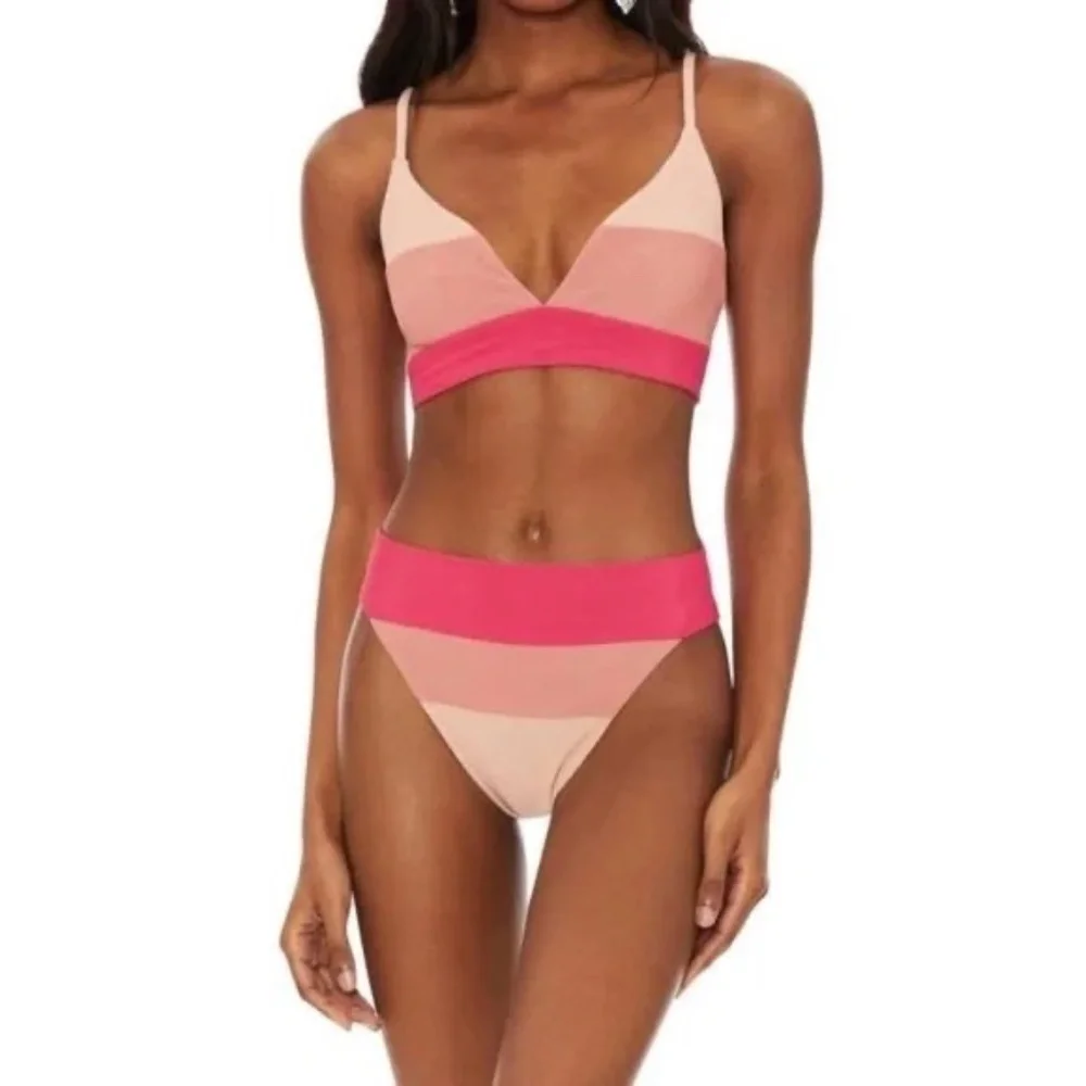 New! SET Beach Riot Riza Top Alexis Bottom IN Rouge Color Block 31376